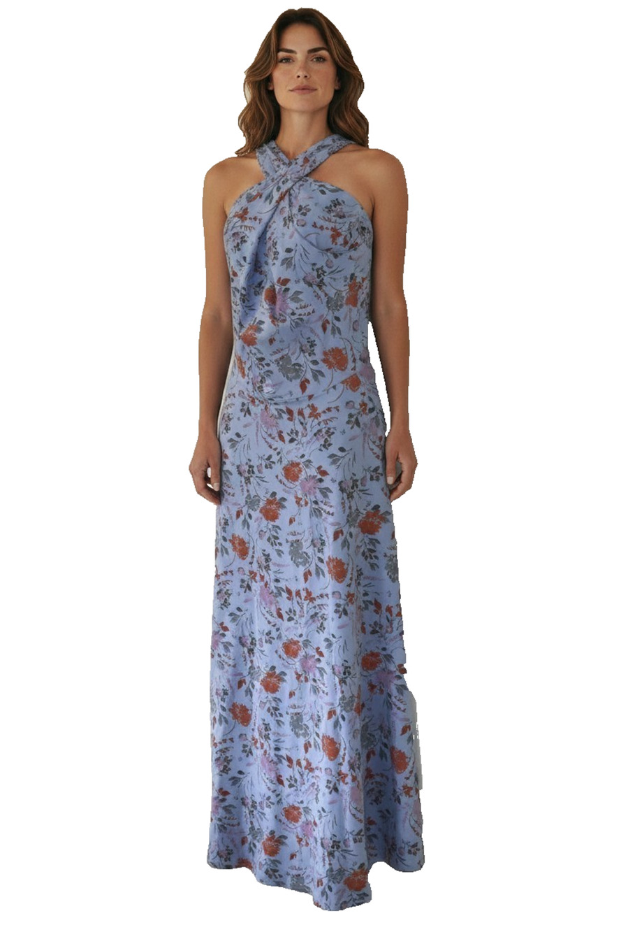 A8 NEW PACT Blue Floral Organic Cotton Fit & Flare Open Back Maxi Dress Size M
